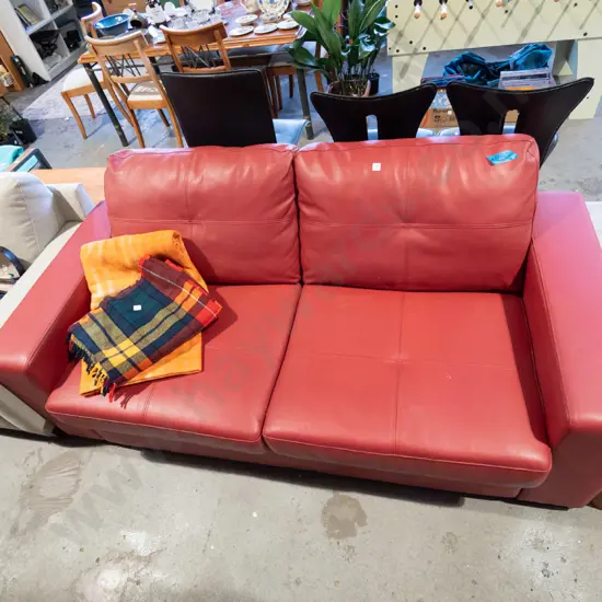 red leather upholstered 2 seater divan bed - needs a clean