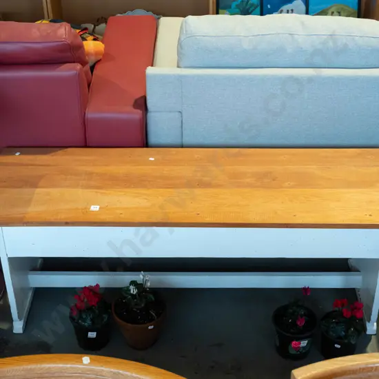 white painted and rimu topped bench seat/lift up storage  