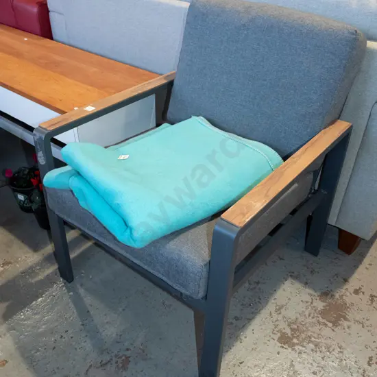modern metal wood and grey upholstered armchair