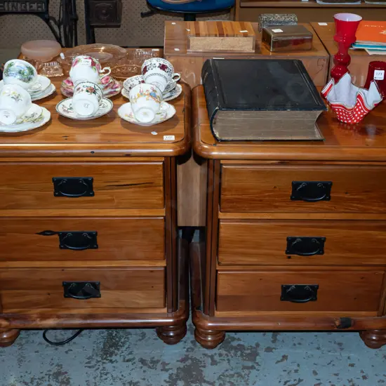 pair of solid rimu 3 drawer bedside cabinets