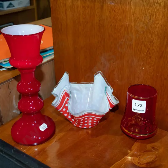 glass basket, ruby glass tumbler, vase H215