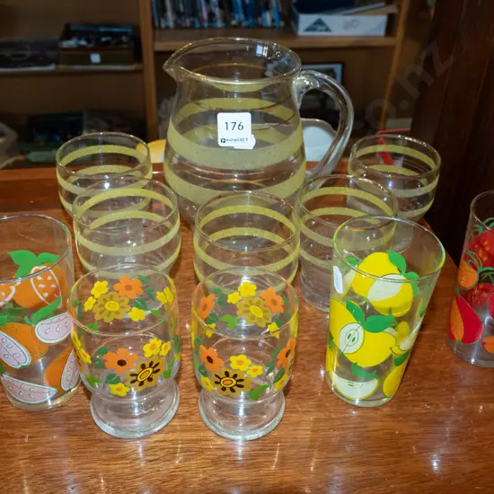 part retro tumbler set and 5 mismatched tumblers
