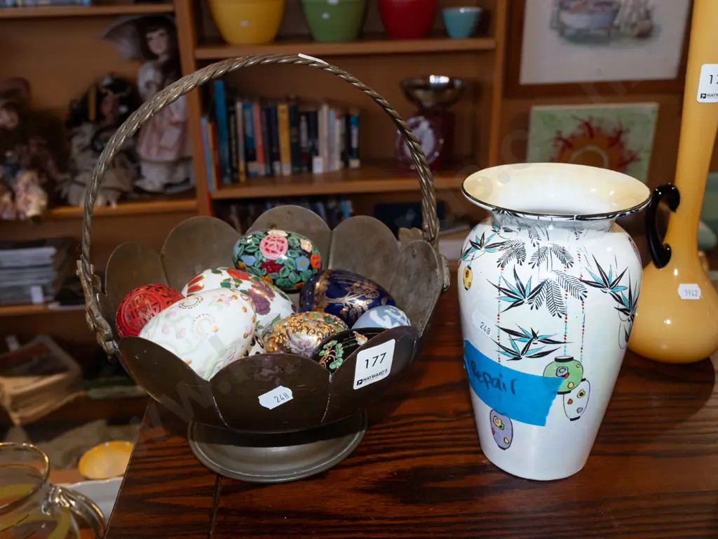 metal basket and ornamental pegs, Shelley vase with repair Image 1++