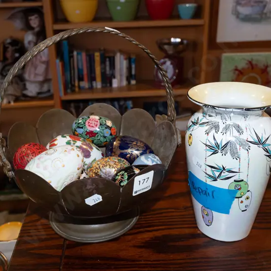 metal basket and ornamental pegs, Shelley vase with repair