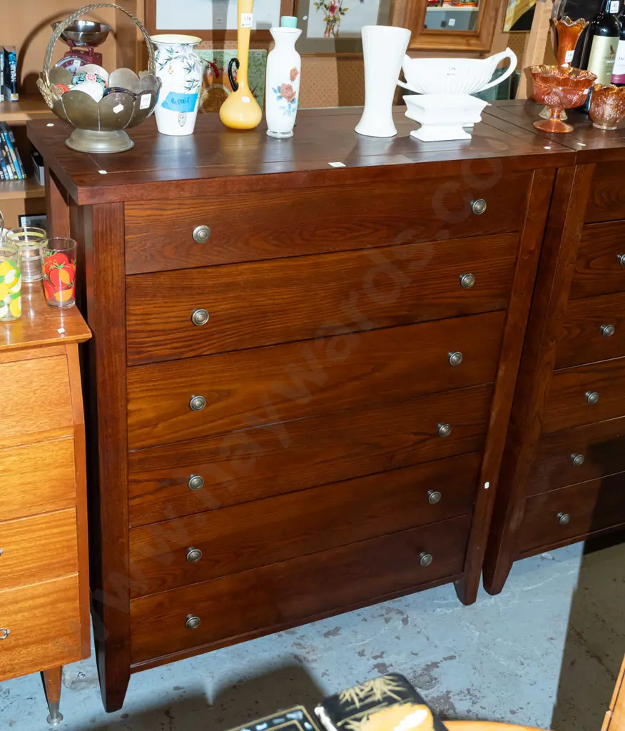 oak and solid wood 6 drawer tallboy with cast metal handles H1180 W1000 D420 - slight issues to varnish on top Image 1++