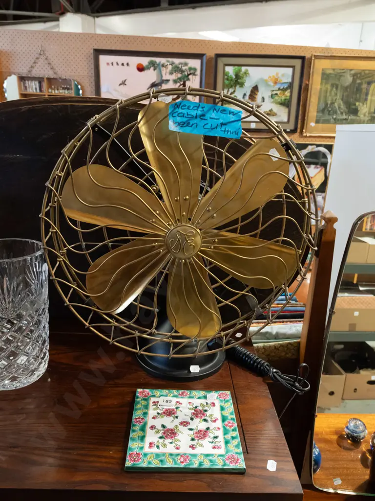 reproduction pedestal oscillating fan - cord needs replacing, floral ceramic tile Image 1++