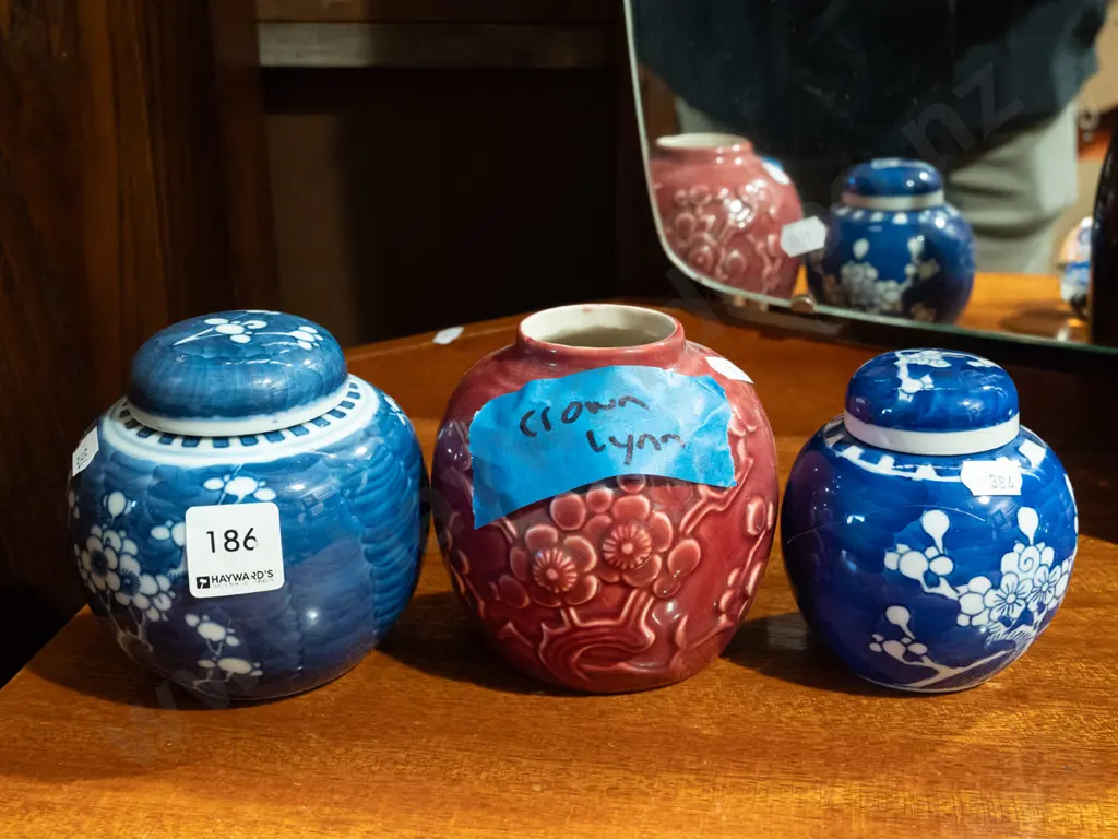 3x ginger jars, Crown Lynn jar missing lid Image 1++