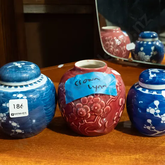 3x ginger jars, Crown Lynn jar missing lid