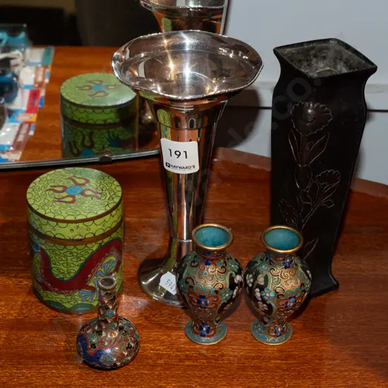 cloisonne vase, plated vase, lidded canister etc Vase H175