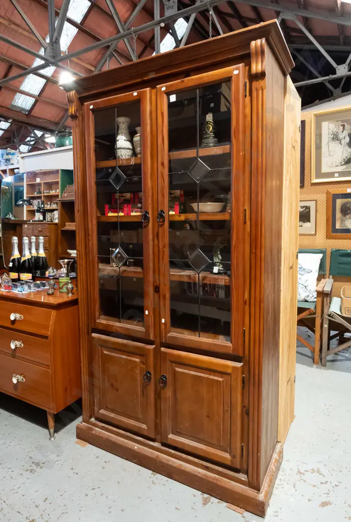 Outback Furniture pine 4 door cupboard with 2 glazed leadlight doors - some scuffing and marks to varnish H1805 W1010 D3 Image 1++