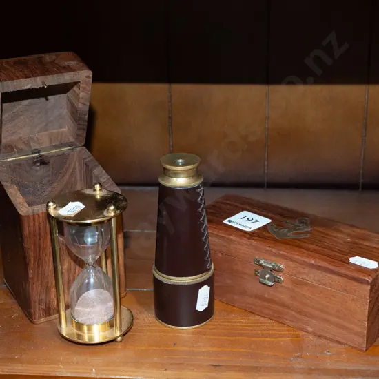 reproduction boxed hour glass and telescope