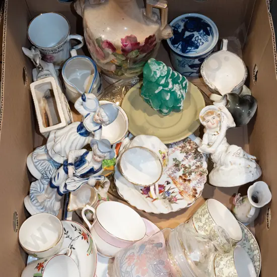 box; vase, cups, saucer, lidded glass canister etc