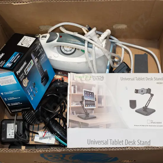 box; tablet desk stand, portable phone, iron etc