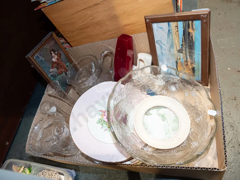 box; glass bowl, plates, small framed prints etc Image 1++