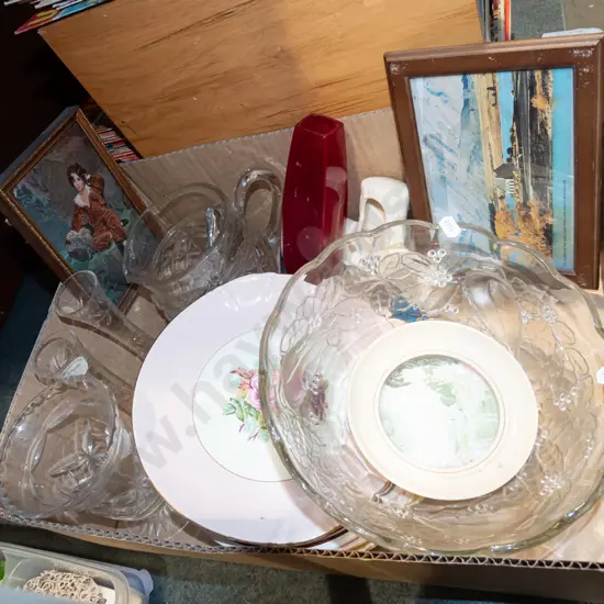 box; glass bowl, plates, small framed prints etc