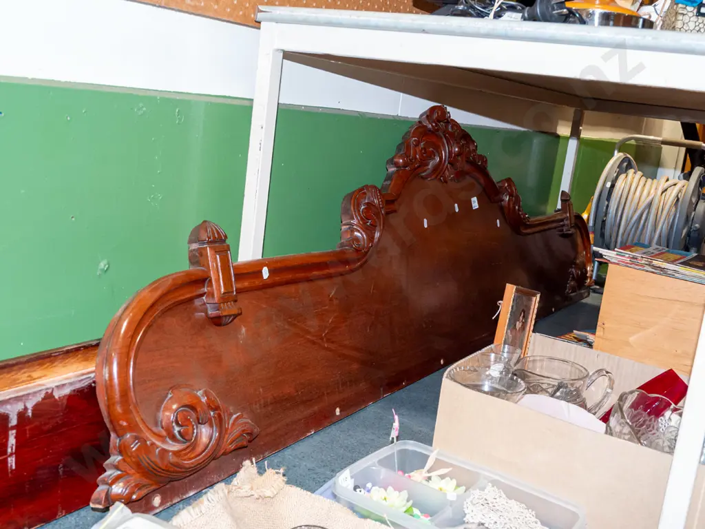 ornately carved mahogany back section to a buffet sideboard includes length of matching rebated timber Image 1++