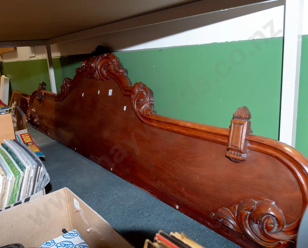 ornately carved mahogany back section to a buffet sideboard includes length of matching rebated timber Image 1++
