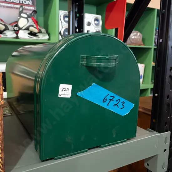 long green metal mailbox with red flag L560