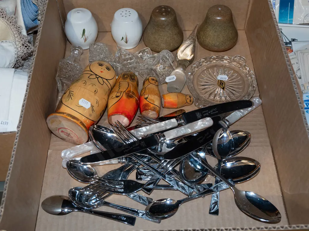 box; mother pearl handled knives, spoons, Russian dolls, scent bottles etc Image 1++