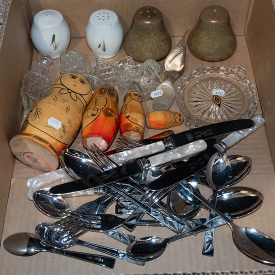 box; mother pearl handled knives, spoons, Russian dolls, scent bottles etc