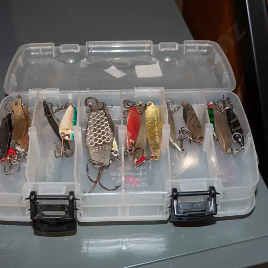 plastic organiser, various fishing lures