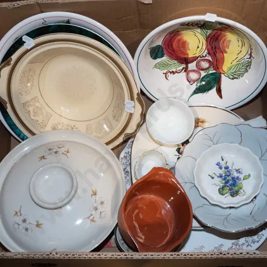 box;  lidded veges, bowls, plates, cake server etc