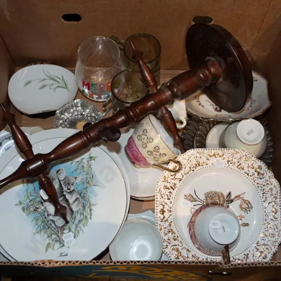 box; wooden coffee cup stand, plates etc
