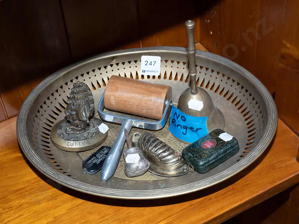 brass tray, small cutty sark model, hand held roller etc Image 1++