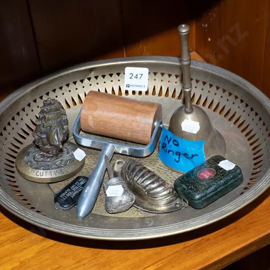 brass tray, small cutty sark model, hand held roller etc