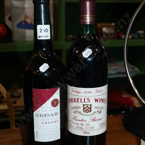 bottle of Golden Acre sherry, Tyrell's Wines shiraz 1996