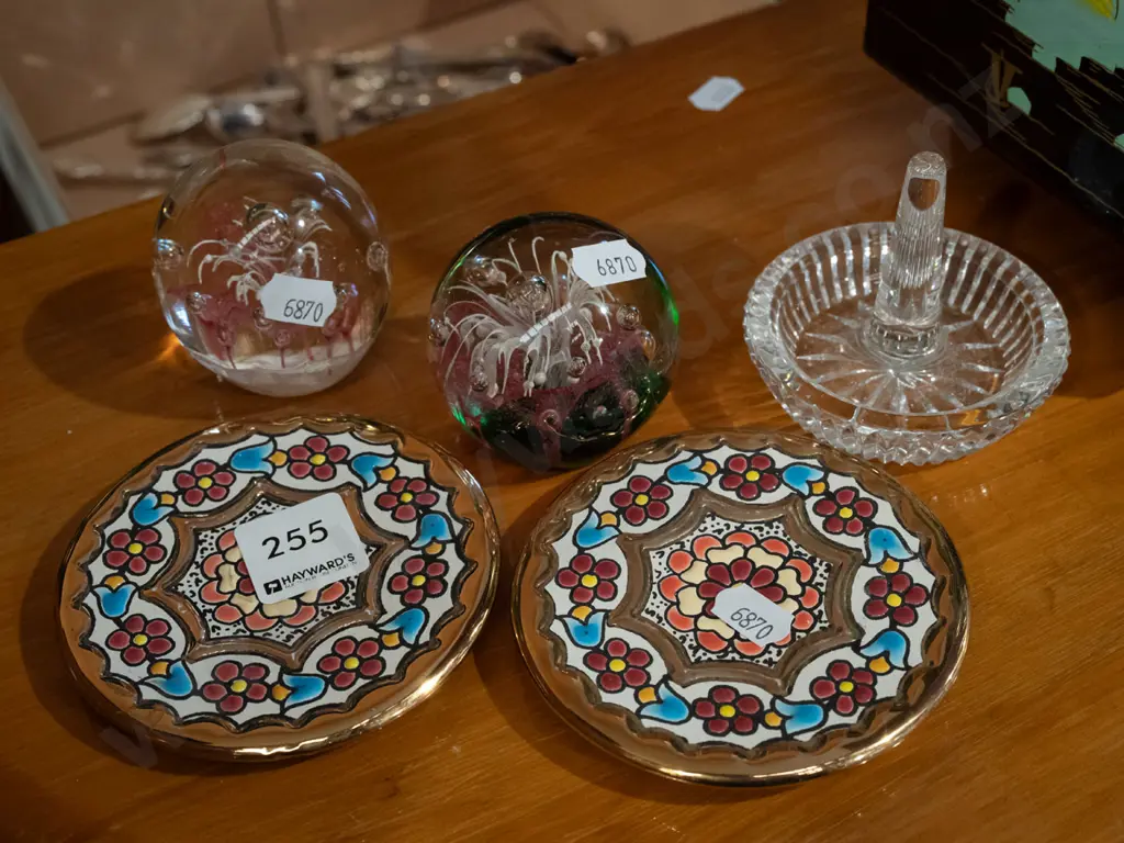 ring dish, 2x glass paperweights, 2x small Spanish wall mounted plates Image 1++