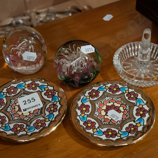 ring dish, 2x glass paperweights, 2x small Spanish wall mounted plates