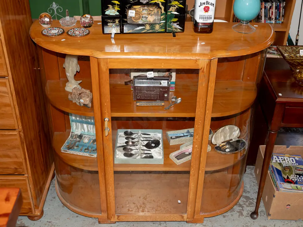 mid century rimu curved glass single door china cabinet - some damage to varnish H980 W1070 D260 Image 1++