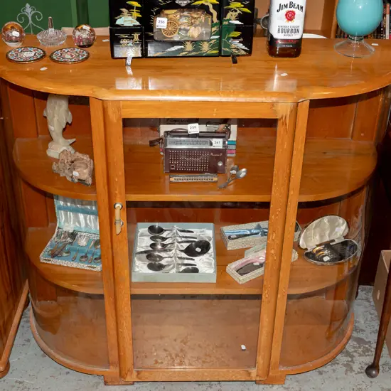 mid century rimu curved glass single door china cabinet - some damage to varnish H980 W1070 D260