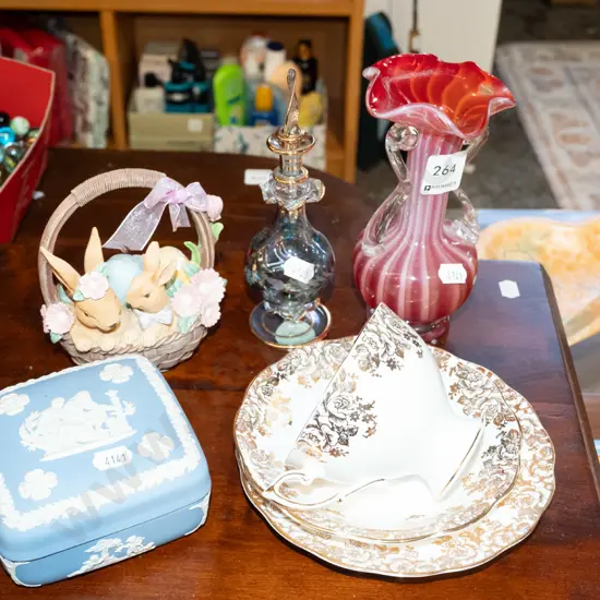 glass scent bottle, vase, trio, jasperware trinket box etc Vase H165