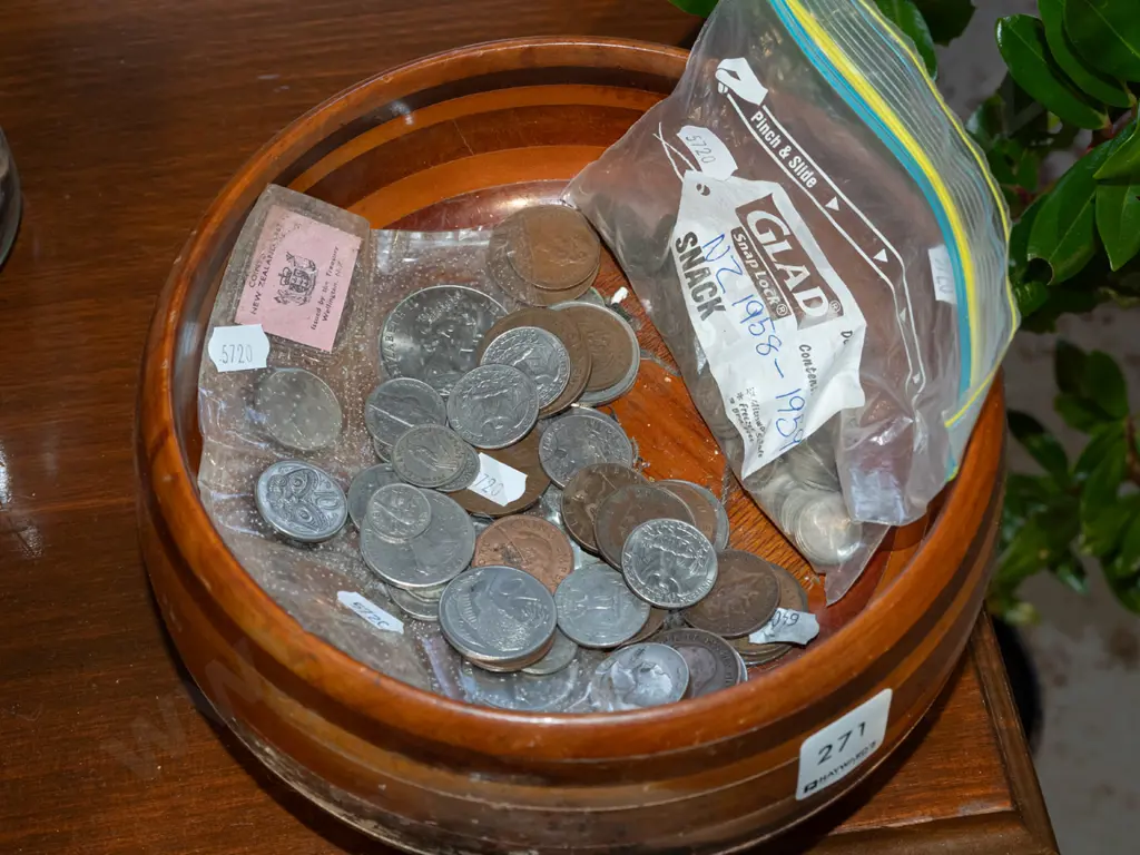 turned wooden bowl and coins - bowl has water damage Image 1++