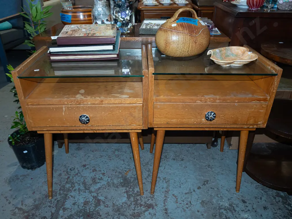 pair of mid century glass top bedside cabinets - varnish needs attention Image 1++