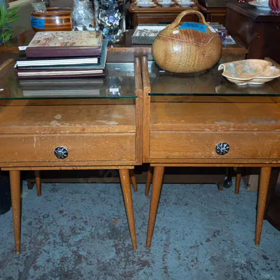 pair of mid century glass top bedside cabinets - varnish needs attention