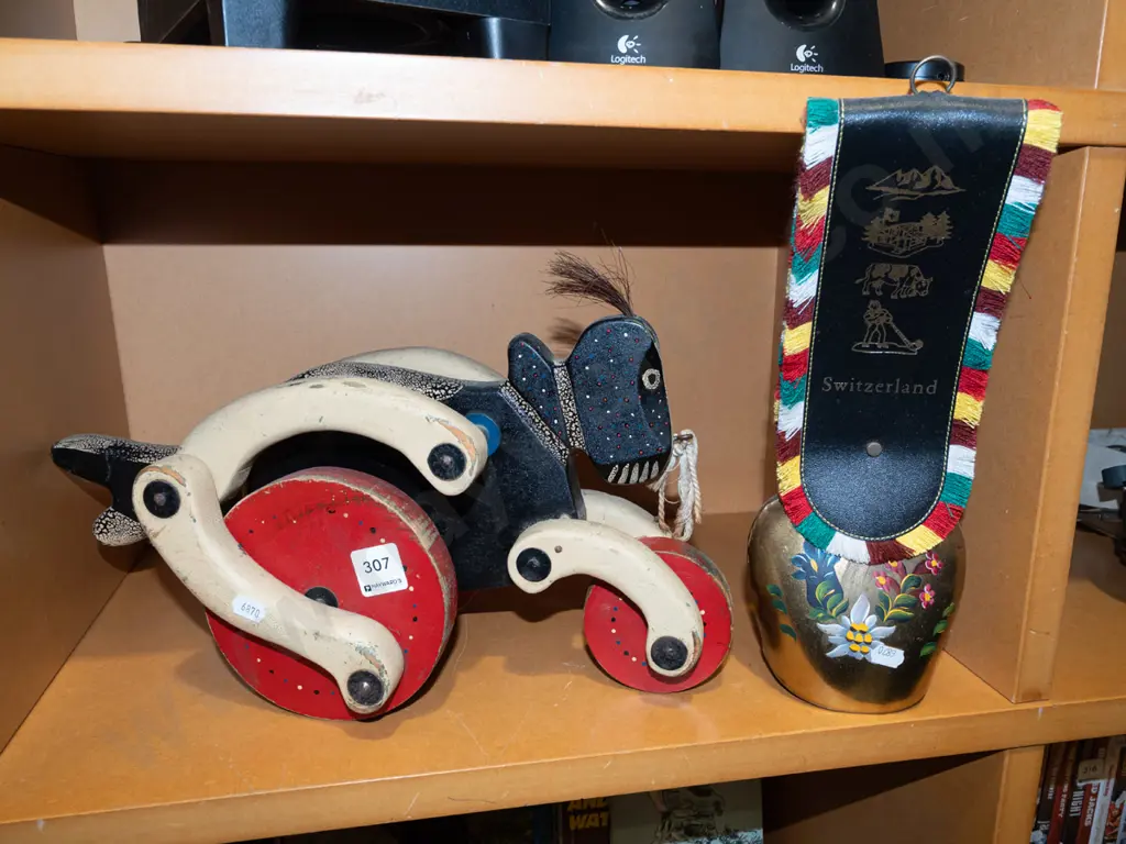 child's pull along wooden toy, cow bell Image 1++