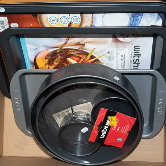 box of baking ware; cake tins etc