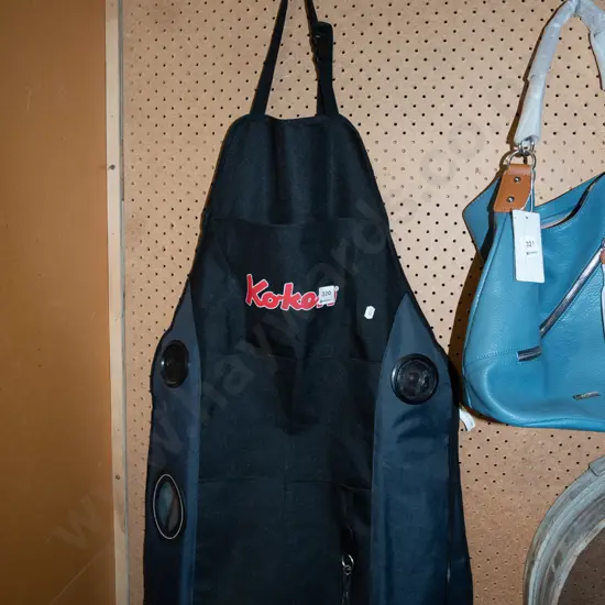 Koken promotional apron with beer can holder and speakers