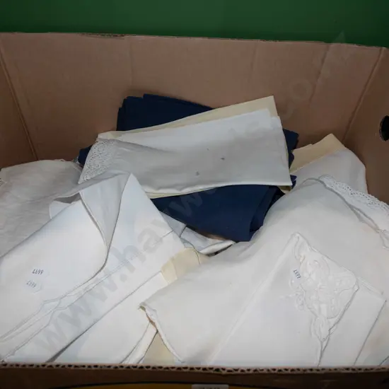 box; tablecloths, napkins, pillow cases etc