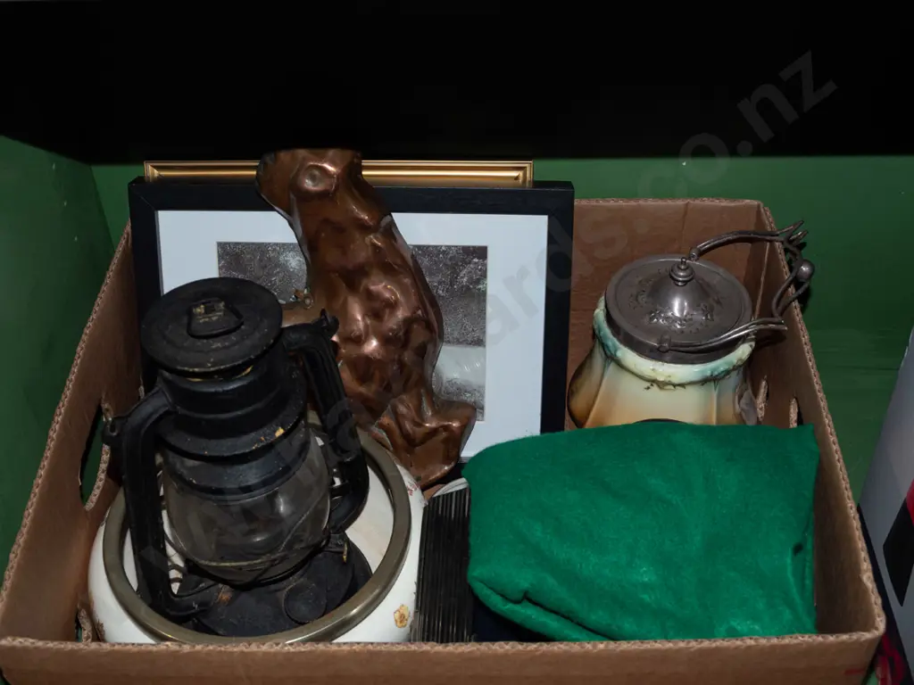 box; hurricane lantern, small copper kettle, prints etc Image 1++