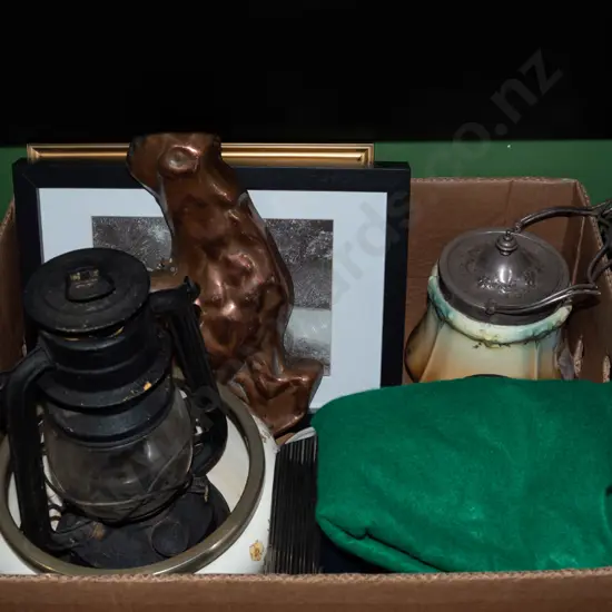 box; hurricane lantern, small copper kettle, prints etc