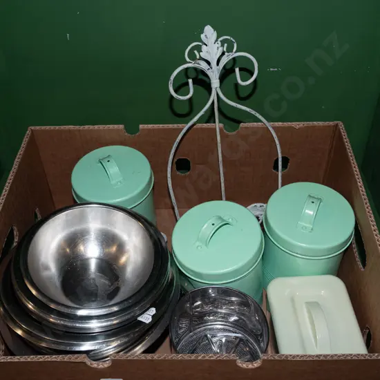 box; stainless steel mixing  bowls, cookbook stand, flour sifter etc
