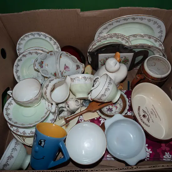 box; part Colclough tea set, small baking dishes, ceramic basket etc