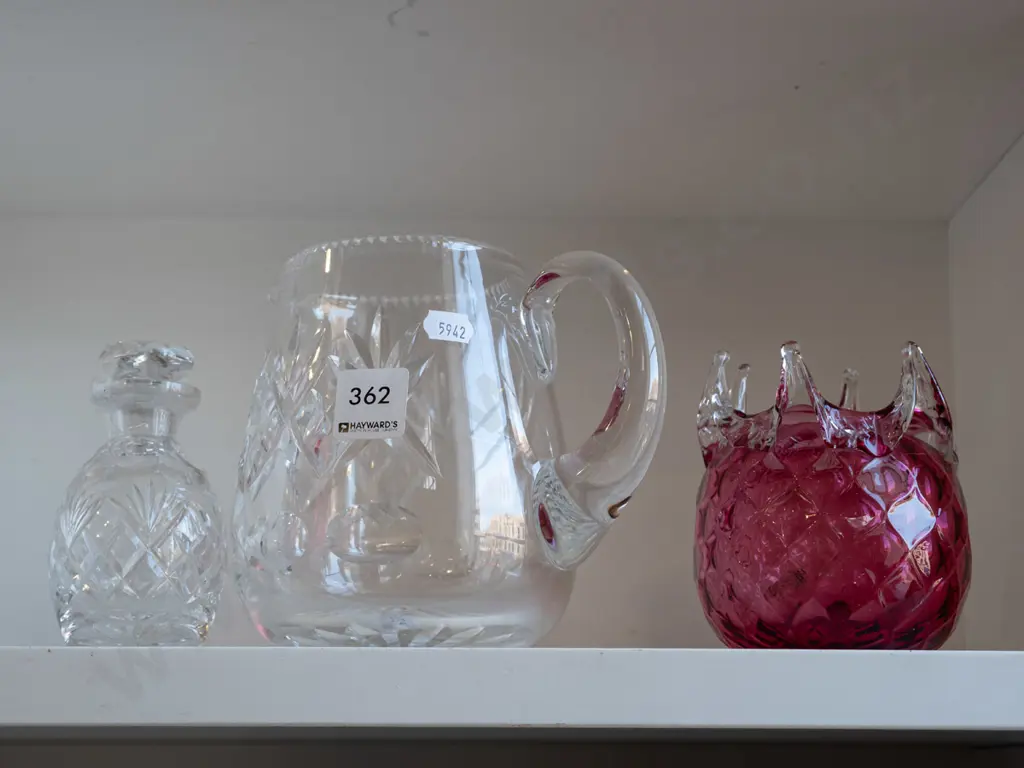 cut crystal jug, ruby glass pineapple bowl, small stoppered bottle Jug H140 Image 1++