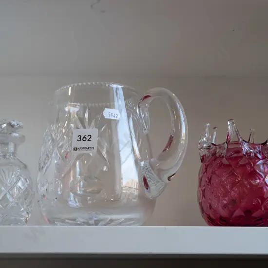 cut crystal jug, ruby glass pineapple bowl, small stoppered bottle Jug H140