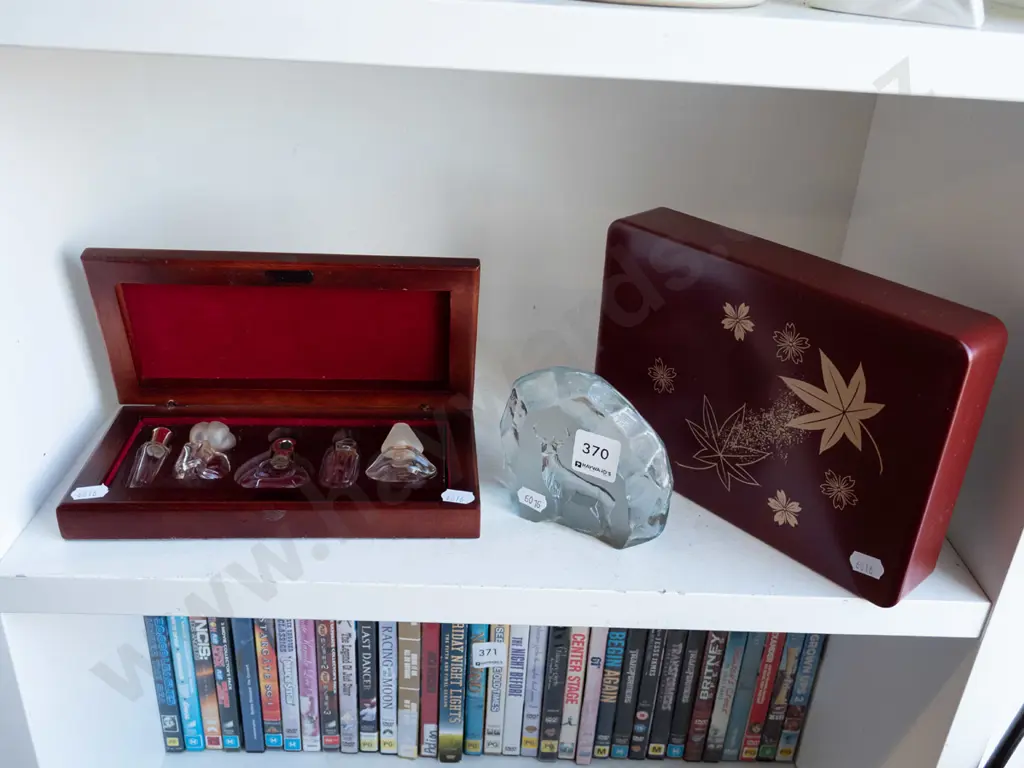 lacquer box, moulded glass stag, wood cased perfume sampler set - all bottles empty Image 1++