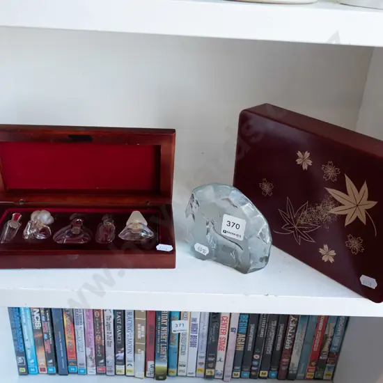 lacquer box, moulded glass stag, wood cased perfume sampler set - all bottles empty